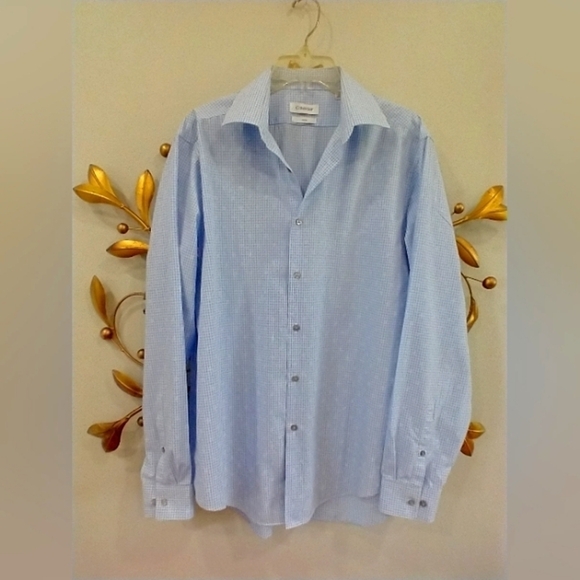 LIGHT BLUE GINGHAM CALVIN KLEIN SHIRT - Picture 1 of 8